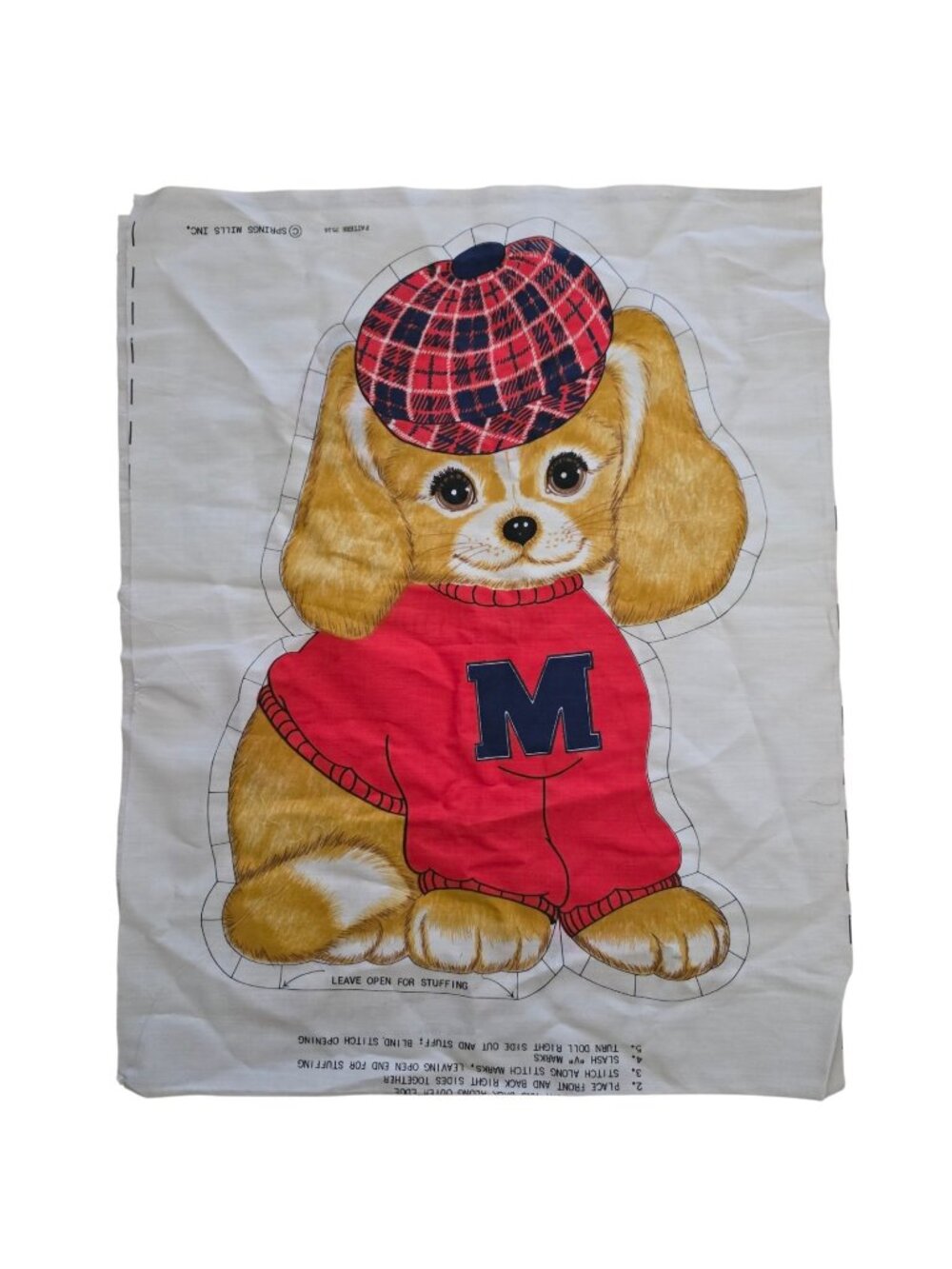 Spring Mills Dog Cut & Sew Fabric Panel Pillow 7516 Letterman Sweater Plaid Hat